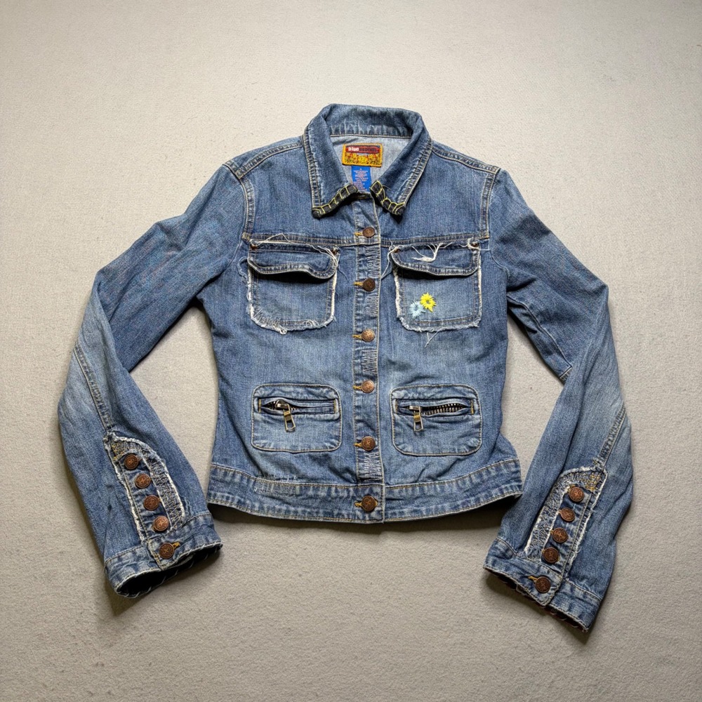 Blue Asphalt Denim Jacket Womens S Blue Vintage Y2K Distressed Embroidered Boho